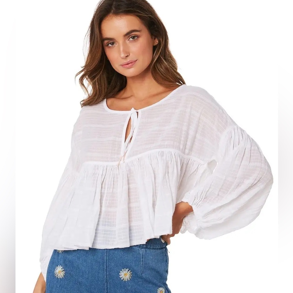Free People Kiss Kiss Ivory Tunic Blouse - White Peasant Blouse with Tie Neck